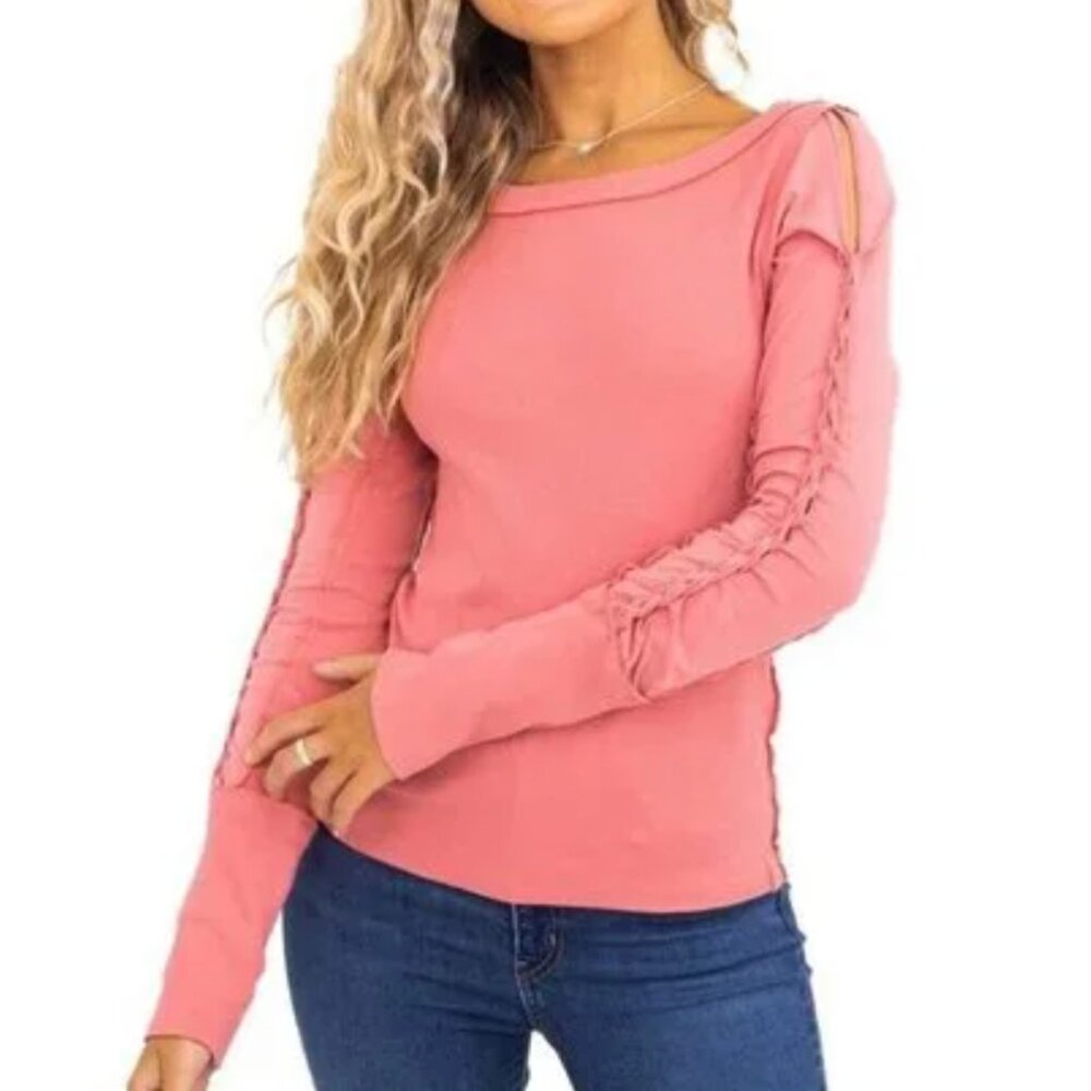 Free People Pink Daisy Chain Cuff Long Sleeve Ribbed Cold Shoulder Top Boho Chic